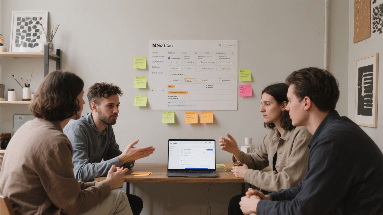 Team meeting in a small creative studio with laptop displaying a Notion project overview, people discussing tasks, sticky notes and neutral tones for a professional atmosphere.