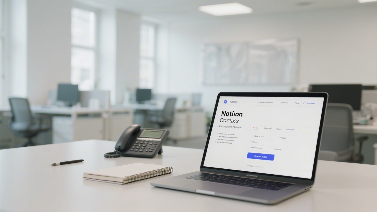 Bright office setting with a phone, notebook and laptop showing a Notion contact page, representing a professional and approachable communication space.