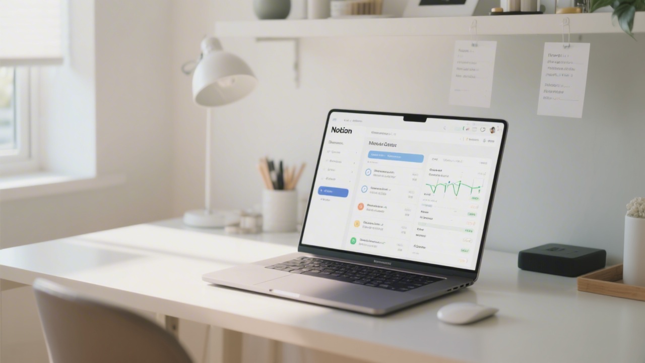 Wide view of a clean modern workspace with laptop displaying a Notion dashboard, organized task lists and project timeline cards, soft daylight and minimal accessories on desk.