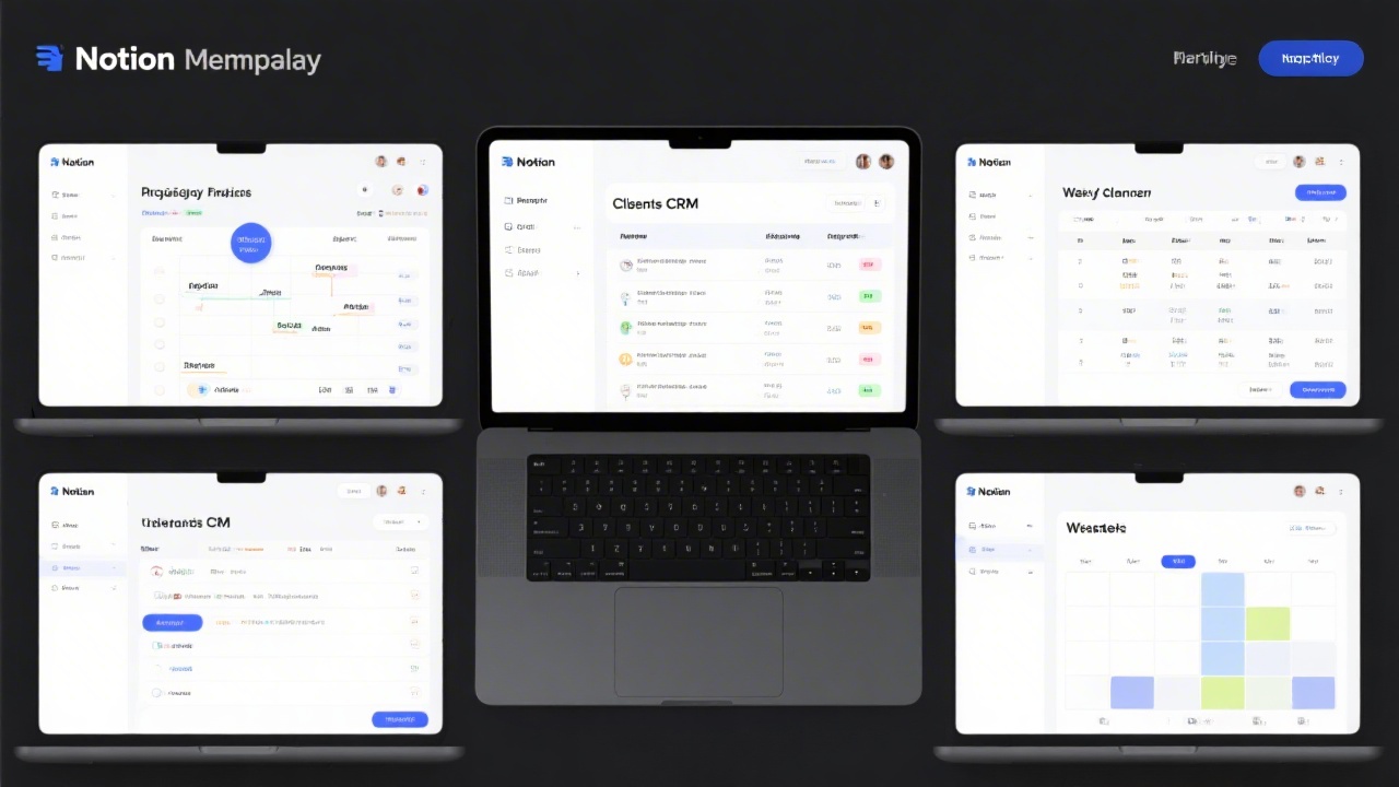 Gallery view of several Notion templates on a laptop, showing project tracker, client CRM table and weekly planner, arranged with minimal UI for clarity.