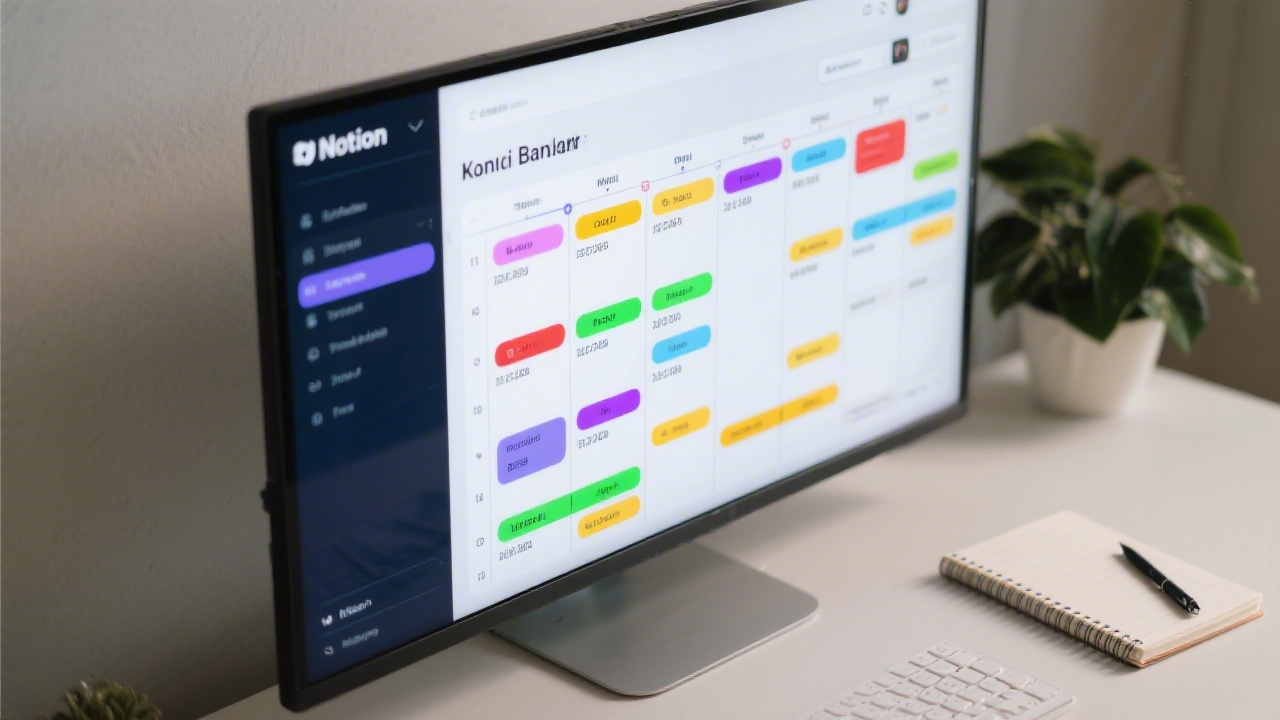 Large screen with a Notion kanban board displaying project stages, color-labeled tasks and dates, with a notebook and pen nearby to emphasize planning.